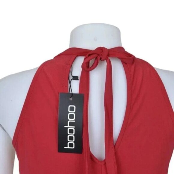 NWT Boohoo Petite Lorna Tie Neck Cut Out Swing Mini Dress Red Size 2 - Picture 5 of 11